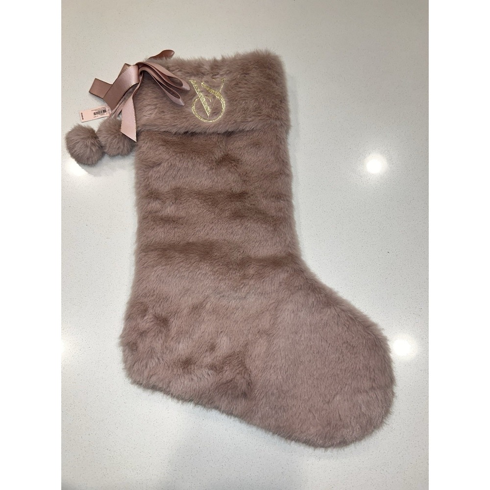 NWT Victoria's Secret Faux Fur Christmas Stocking Pink Plush Bow Pom Pom VS Logo